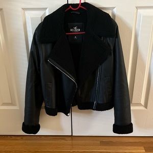 Crop Sherpa-Lined Faux Leather Biker Jacket